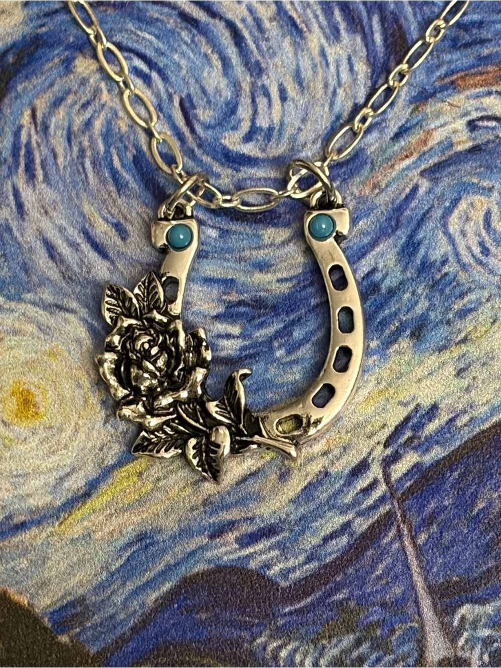 Silver Horseshoe Necklace with Rose and Turquoise Accents